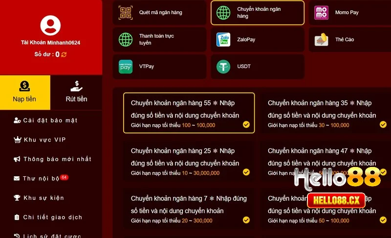 Câu hỏi về giao dịch nạp tiền Hello88