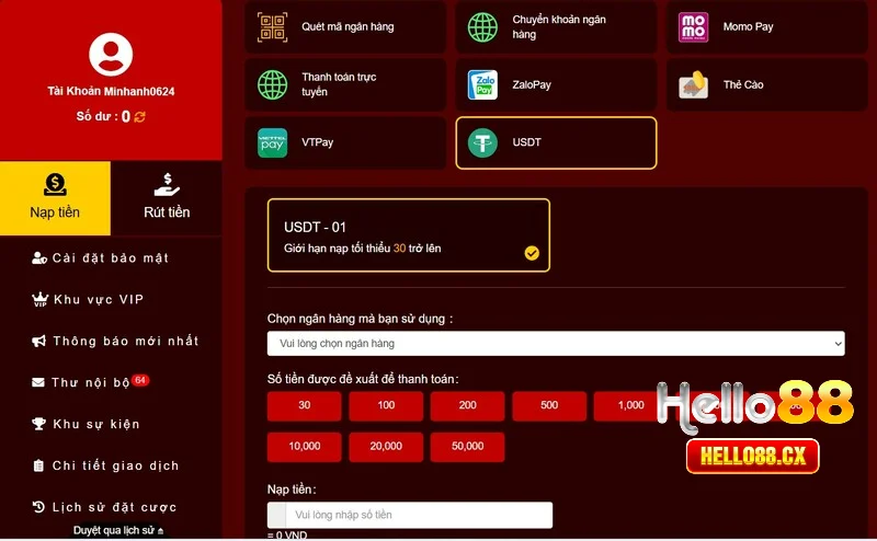 Điều kiện để xác nhận yêu cầu nạp tiền Hello88 thành công